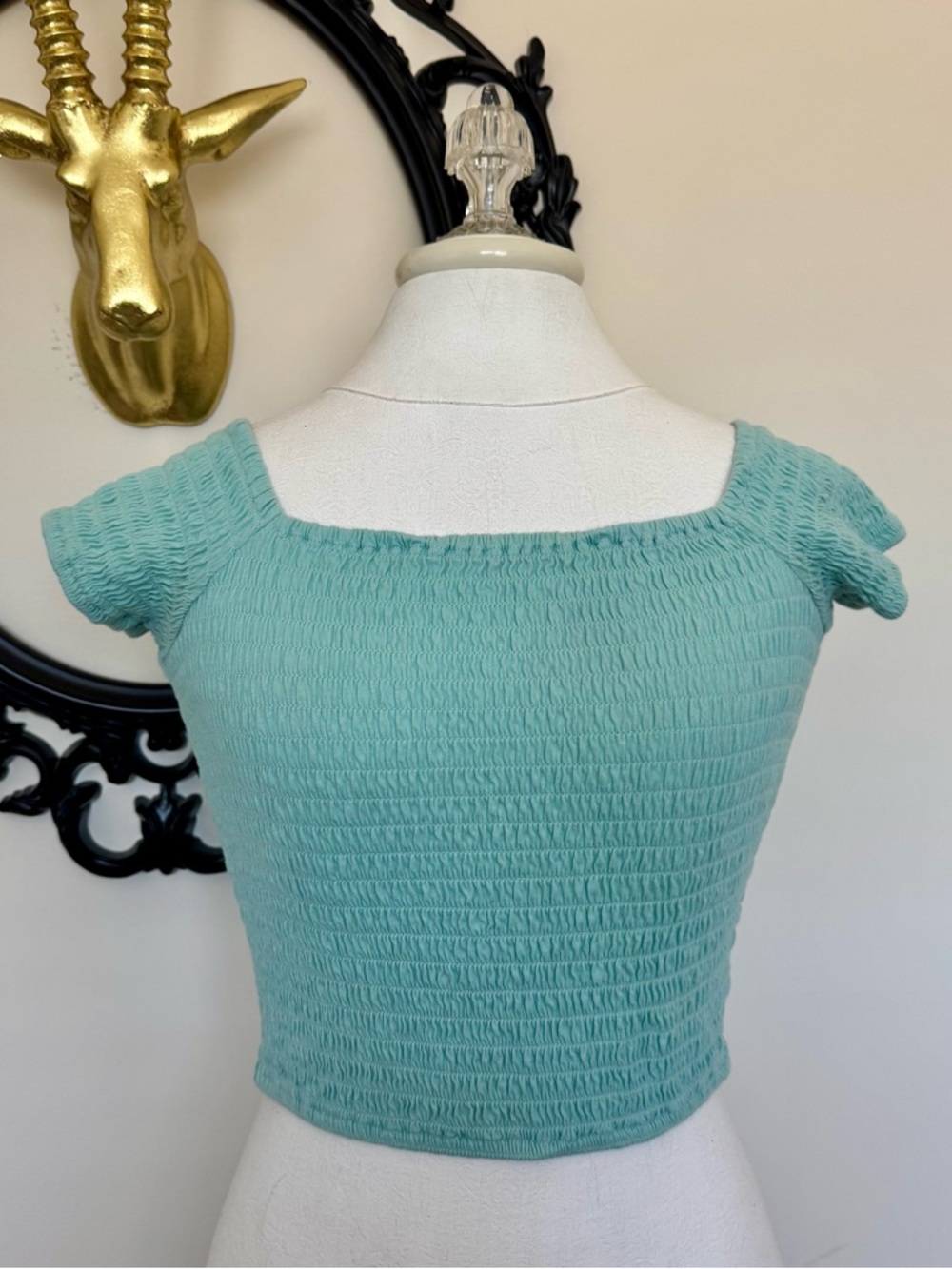 Others Follow Smocked Square-Neck Crop Top - Aqua Blue
